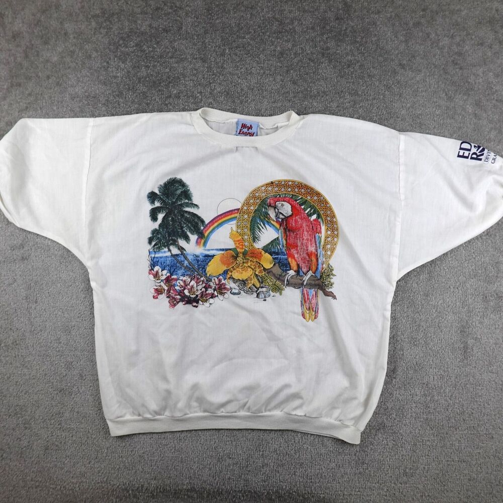 VTG High Energy Surfwear Shirt Womens L White Parrot Graphic Beach Blouse Tropic